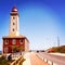 Photography architecture. Lighthouse on the waterfront. Portugal. Illustration for design.