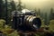 Photography backdrop Film camera against tranquil nature background, copy space