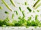 photography of CELERY falling from the sky, hyperpop colour scheme. glossy, white background Heap of celery sticks