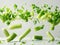 photography of CELERY falling from the sky, hyperpop colour scheme. glossy, white background Heap of celery sticks