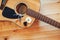 Photography classical guitar on a light brown background