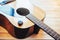 Photography classical guitar on a light brown background