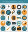 Photography icon set with photo, camera equipment. Colour flat