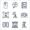 photography line icons. linear set. quality vector line set such as camera tripod, film tape, digital picture frame, camera,