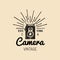 Photography logo. Vector vintage old camera label, badge, emblem. Hand sketched illustration for studio, store etc.