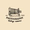 Photography logo. Vector vintage old camera label, badge, emblem. Hand sketched illustration for studio, store etc.