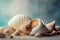 Photography of sea shells with a beige or sand-colored background, AI generated