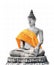 a photography of a statue of a person sitting on a rock, buddha statue with orange cloth sitting on top of it