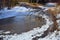 Photoproject `Spring puddles`. A series of photographs. A puddle on a forest road. Snow lies along the edges of the puddle.