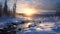 Photoreal Winter Landscape: Bright Sun Over Snowy River