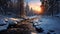 Photoreal Winter Landscape In Quebec Province: Snowy Forest, Stream, And Sunset