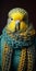 Photorealistic Budgie Portrait In Knitted Scarf: An Analog Pastiche