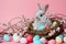 Photorealistic Bunny Nestled in Woven Nest Amidst Light Blue and Pink Eggs. Generative AI