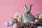 Photorealistic Bunny Nestled in Woven Nest Amidst Light Blue and Pink Eggs. Generative AI
