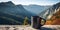 Photorealistic composition at a rest stop. Mug with a drink against a background of a mountain landscape.