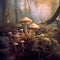 Photorealistic graphic representation of mushrooms in fantasy forest. Magic mushrooms in a surreal forest.