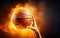 Photorealistic hand catching orange basketball ball burning on black background. Fast dribble motion, goal. AI Generative