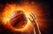 Photorealistic hand passing orange basketball ball burning on black background. Fast goal. Sun burst motion rays. AI Generative