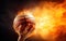 Photorealistic hand passing orange basketball ball burning on black background. March madness poster. AI Generative