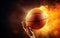 Photorealistic hand throwing orange basketball ball burning on black background. Sun burst. AI Generative