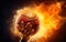 Photorealistic hand touching orange basketball ball burning on black background. March madness poster. AI Generative