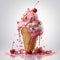 Photorealistic Ice Cream Cone With Cherries On White Background