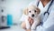 Photorealistic illustration, hand drawn, stockphoto, copy space, Veterinary examining a puppy. Healthcare illustration