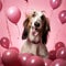 A photorealistic image of a Afghan Hound puppy surrounded pink love-shaped balloons by AI generated