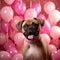 A photorealistic image of a Bullmastiff puppy surrounded pink love-shaped balloons by AI generated