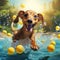 photorealistic image A Dachshund puppy playing in a clear blue water pool with a bunch of yellow balls by AI generated