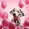 A photorealistic image of a Dalmatian puppy surrounded pink love-shaped balloons by AI generated