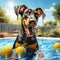 photorealistic image A Doberman Pinscher puppy playing in a clear blue water pool with a bunch of yellow balls by AI generated