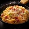 Photorealistic image of pasta carbonara in a plate with slices of bacon and grated parmesan cheese. Food photography generated by