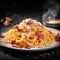 Photorealistic image of pasta carbonara in a plate with slices of bacon and grated parmesan cheese. Food photography generated by