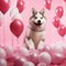 A photorealistic image of a Siberian Husky puppy surrounded pink love-shaped balloons by AI generated