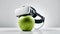 A photorealistic image of a vibrant Granny Smith apple wearing VR headsets. The apple stands on a white featureless background.
