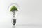 Photorealistic light bulb with green tree inside standing vertically on a table. AI generated