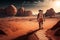 Photorealistic lonely astronaut is walking on Mars