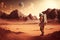 Photorealistic lonely astronaut is walking on Mars