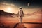 Photorealistic lonely astronaut is walking on Mars