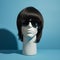 Photorealistic Male Mannequin Head With Circular Sunglasses And Brunette Wig