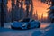 A photorealistic McLaren 720S emerging from a snowy forest with a fiery sunset generative by Ai