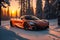 A photorealistic McLaren 720S emerging from a snowy forest with a fiery sunset generative by Ai