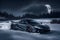 A photorealistic McLaren 720S parked under a moonlit winter sky starry frozen lake generative by Ai