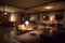 photorealistic mid century interior at summer night, neural network generated photorealistic image