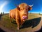 Photorealistic Multi-Perspective Panoramic Shot of a Ginger-Colored Scottish Highlander Cow with Long Fur, Made with Generative AI