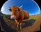 Photorealistic Multi-Perspective Panoramic Shot of a Ginger-Colored Scottish Highlander Cow with Long Fur, Made with Generative AI