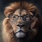A photorealistic painting of a lion wearing glasses. AI