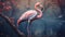 Photorealistic Pink Flamingo In Dark Forest