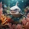 A photorealistic portrait of baby cute shark in a natural sea setting, surrounded by coral and seaweed by AI generated